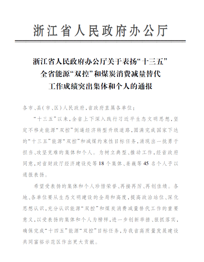 db旗舰厅永嘉公司付金轩获“浙江省能源‘双控’工作成绩突出个人”表彰